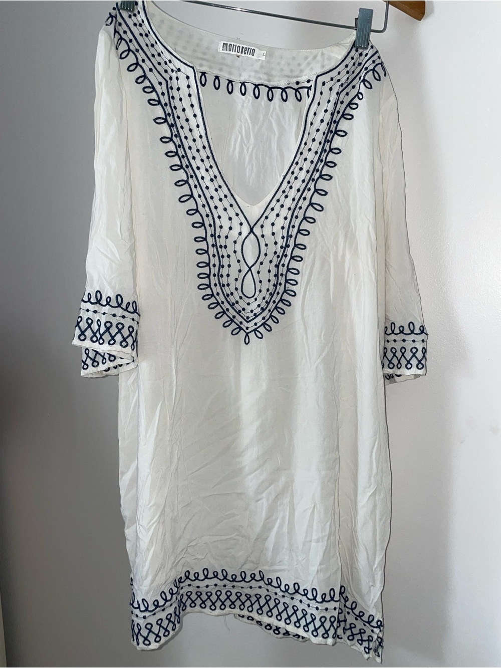 White Tunic Dress/Beach cover up  with Navy Embroidery